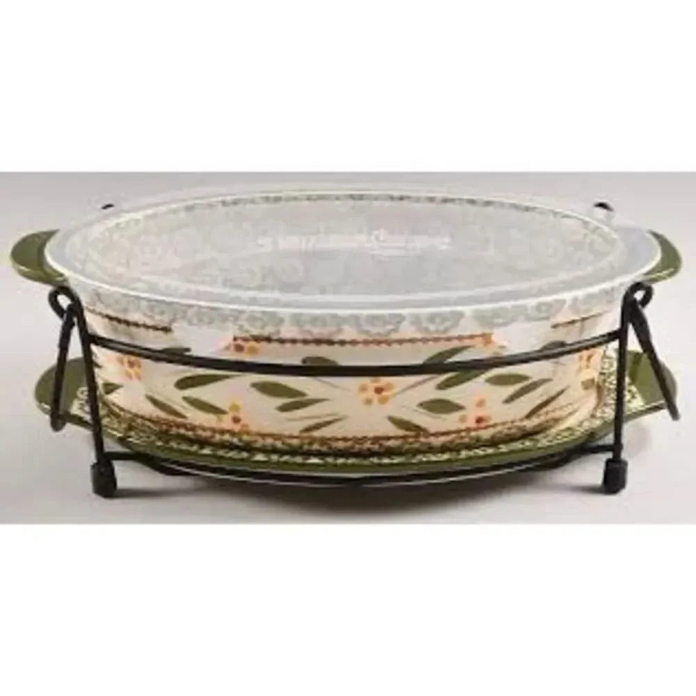 Temptations Presentable Ovenwear 1.5 QT Baking Dish Green Old World Floral 3Pc